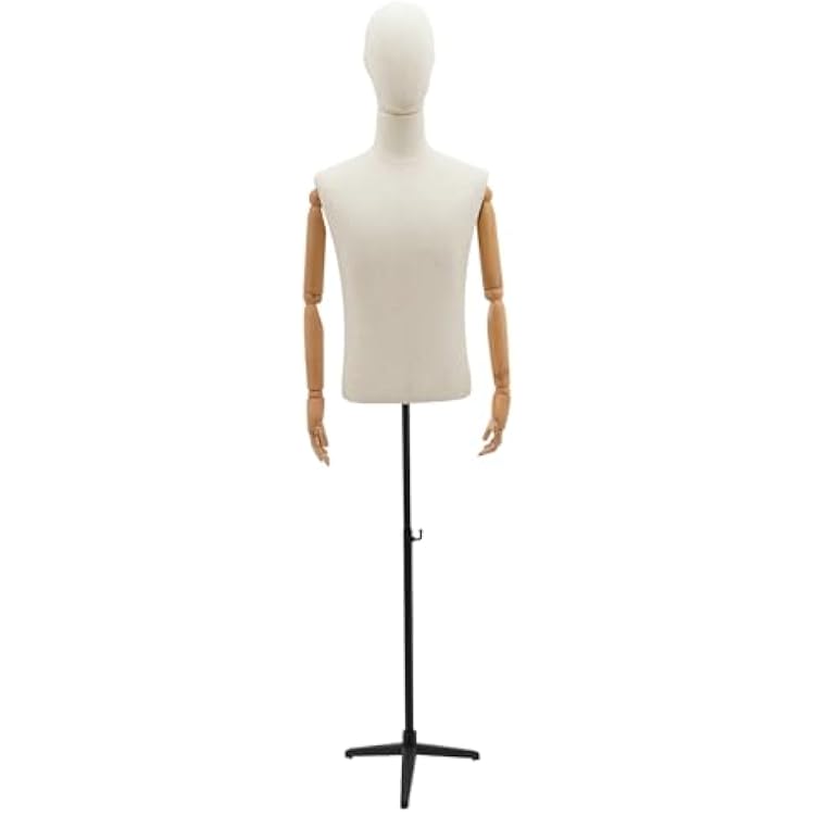 Male Clothing Mannequin, 53~76 Height Adjustable Half Body Dress Form, with Metal Stand Wooden Arms, for Clothing Display and Sewing, LinenBlack