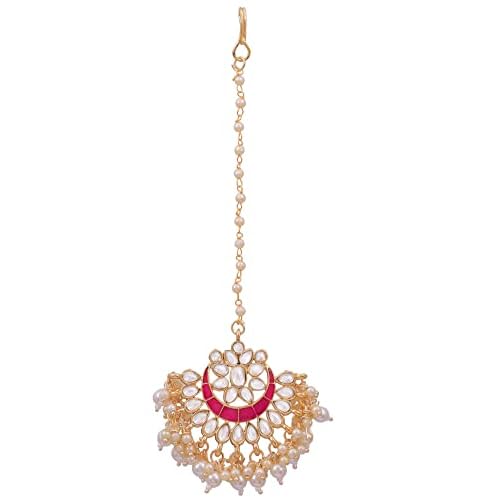 Crunchy Fashion Gold-Plated Kundan Pearl Chandbali Design Maang Tika for women