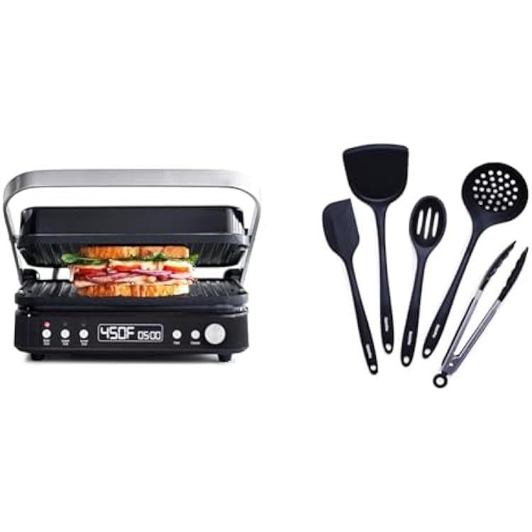 GreenPan 6-in-1 Grill & Griddle and 5pc Silicone Utensil Set - Reversible Ceramic Nonstick Plates with Dual Heat Settings, PFAS-Free