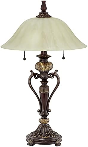 Kathy Ireland Amor Traditional Vintage Table Lamp 26" High Bronze Brown Marble Flared Alabaster Champagne Glass Shade Cottage Core Decor for Living Room Bedroom House Bedside Nightstand Home Family