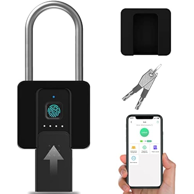 Fingerprint Padlock, Eseesmart Long Shackle Smart Padlock Bluetooth Lock with Mobile APP Outdoor Waterproof Lock with Protective Case for School Gym Locker, Fence, Gate, Toolbox