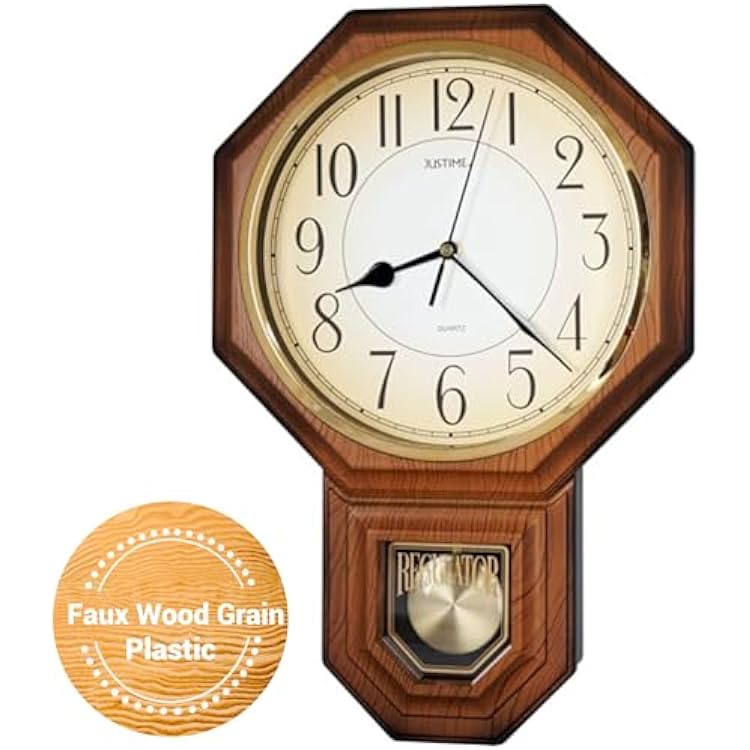 JUSTIME Traditional Schoolhouse Gradient Arabic Regulator Wall Clock, Chiming Wall Clocks with Pendulum & Westminster Chime Hourly, Schoolhouse Wall Decor Battery Operated Light Wood Grain