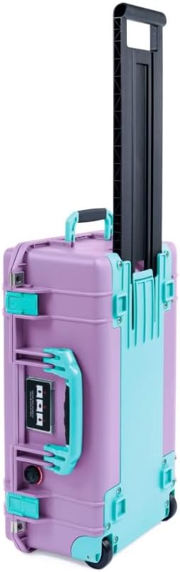 Lilac Pelican 1535 Air case, with Teal Handles, latches, Trolley.  Empty & with Wheels.
