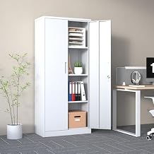 Majnesvon Metal Garage Storage Cabinet - 72" Locking Metal Storage Cabinet with 2 Doors and Adjustable Shelves & Locking Doors - Garage Cabinets for Tool Storage (White(New))
