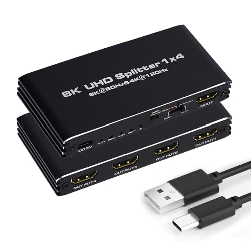 8K@60Hz HDMI Splitter 1 in 4 Out, 1x4 HDMI 2.1 Splitter Support 4K@120Hz, 1080P@240Hz VRR HDCP2.3 HDR 10, 48Gbps EDID Dolby Atmos 7.1ch