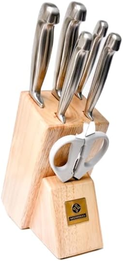Mundial FUTURE 7-Piece Knife Block Set with take-a-part Kitchen Shears, Sharp Professional Stainless Steel Handles and Blades for Meat, Fruits, and Vegetables, and Wooden Block.