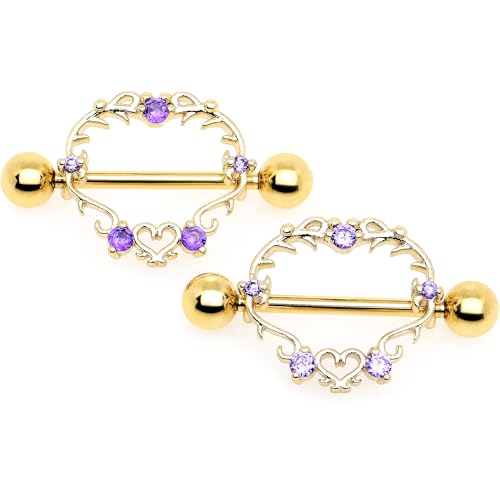 14G 916 Nipple Shield Set - 316L Stainless Steel 2Pc Nipplerings Piercing Heart Filigree Nipple Barbell Nipple Shields