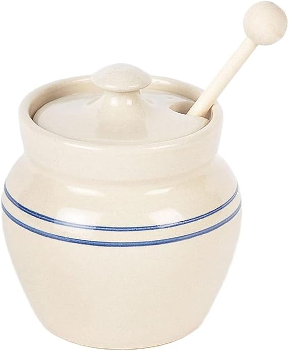 Heritage Blue Stripe Stoneware Honey Pot with Wooden Dipper
