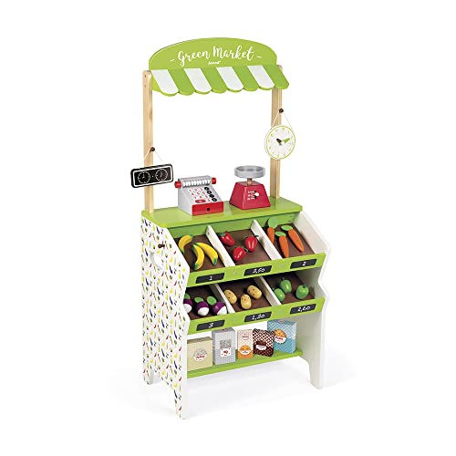 Janod Green Wooden Market Grocery Play Stand with 32 Accessories - Ages 3 J06574