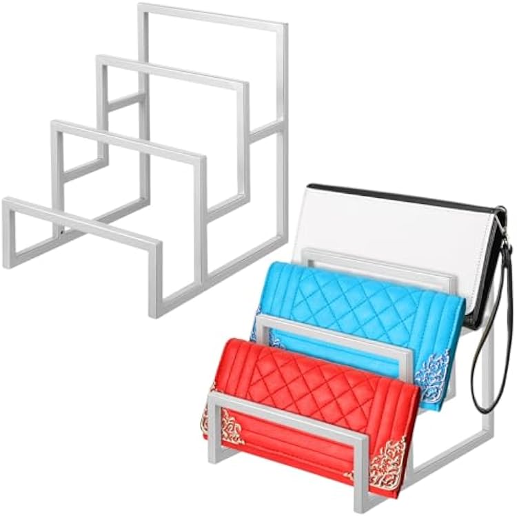 2 Pack Purse Organizer for Closet Display 3 Layer Riser Stand Clutch Purse Organizer Display Metal Wallet Rack for Handbag Home Retail Boutique Store Supplies