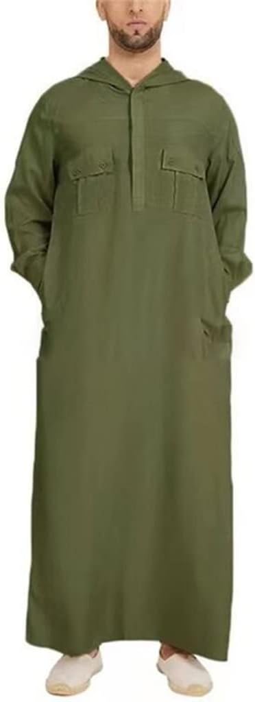 Men's Kaftan Robe Hooded Muslim Arab Middle Eastern Dress Long Sleeve Solid Saudi Arabic Thobe Abaya Dubai Clothing
