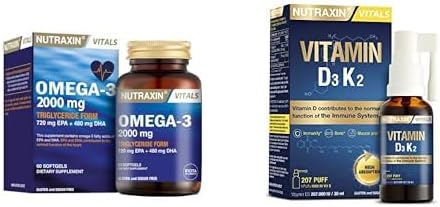 Nutraxin Vitals Omega-3 2000 mg EPA + DHA Balık Yağı içeren Takviye Edici Gıda (1 x 60 kapsül) + Nutraxin D3K2 Vitamin 30 Ml