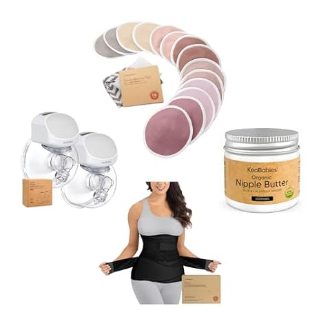 KeaBabies 14-Pack Nursing Pads with Nipple Butter Cream, Wireless Breast Pump, and 3 in 1 Postpartum Belly Band - All in 1 Breastfeeding and Postpartum Essentials for New Moms