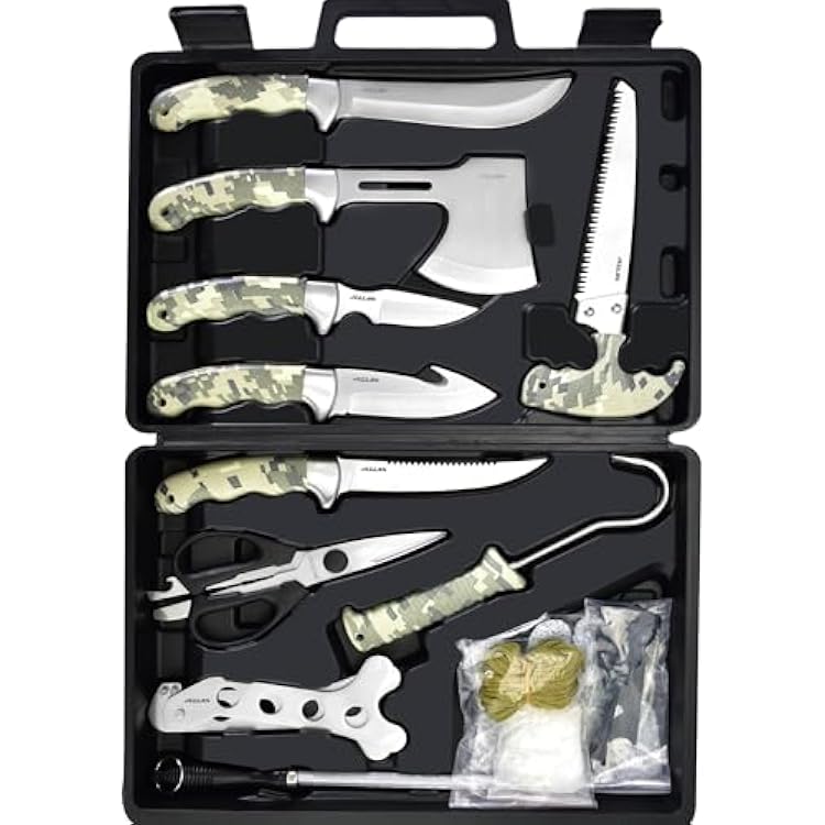 Jellas Professional 15-Piece Hunting & Outdoor Gear Set | Game Processing Kit with Field Dressing Tools, Bone Saw, Gut Hook, Fixed Blade, Boning, Skinning & Fillet Blades | Heavy-Duty Portable Case