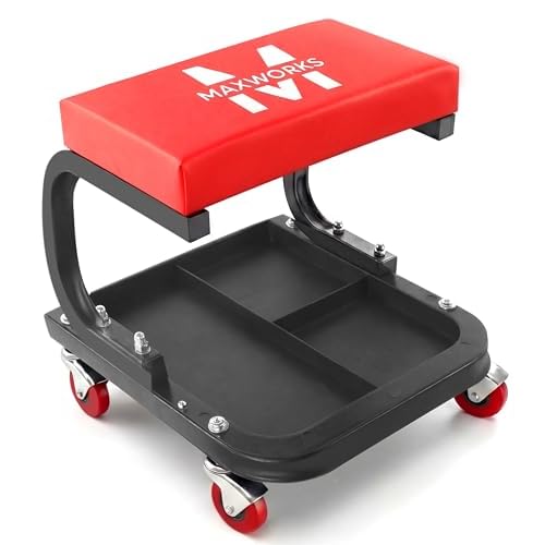 MaxWorks Mechanics Roller Seat - Heavy Duty 250 lb Capacity Rolling Creeper Stool with Padded Seat & 3-Section Tool Tray for Garage & Auto Repair 50875