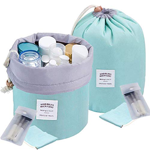 INVODA Travel Cosmetic Bags 2 Packs Waterproof Makeup Bags Multifunctional Bucket Toiletry Bag Barrel Makeup Organizer Carry Toiletry Bags Foldable and Portable Cosmetic CasesGreen 2PCS