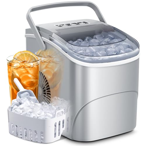 AGLUCKY Ice Makers Countertop with Handle,26.5Lbs24H,9 Cubes in 6 Mins,2 Sizes of Bullet Ice,Portable Machine with Self-Cleaning,Perfect for Home KitchenGrey