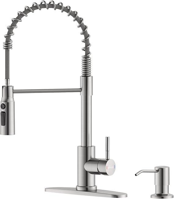 APPASO Brushed Nickel Kitchen Faucet with Pull Down Sprayer 18 Inch Tall | Kitchen Faucets with Soap Dispenser, Commercial Springs Spout Single Handle for 1 to 4 Hole Sinks, Lead-Free Certified