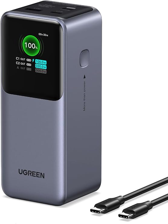 UGREEN Nexode 20000mAh 130W Portable PD Power Bank for MacBook Pro 16 | TFT smart display, 72Wh, PD 3.0. Fast for MacBook, iPad, iPhone 17/16, 3-port for multiple devices