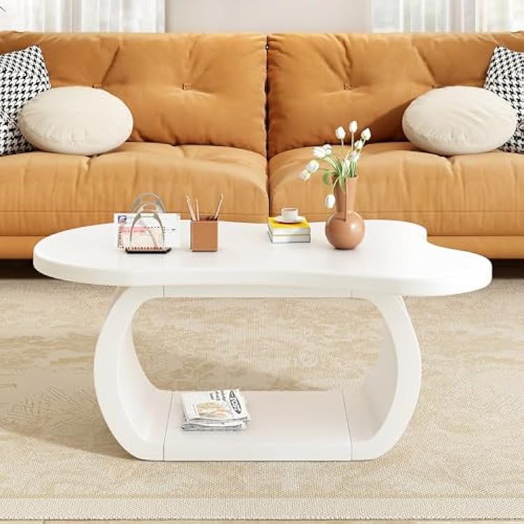 Modern Cloud Coffee Table with Curved Legs, Wood Cream Style Irregular Center End Tables with Round Edge for Living Room, White