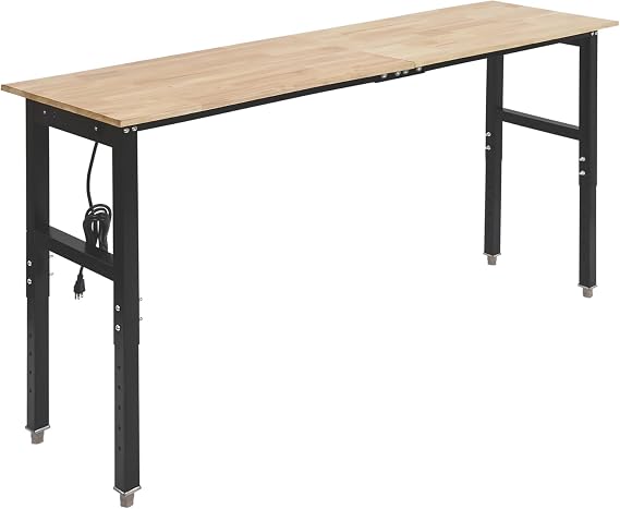 39.3" Height Adjustable Workbench with Power Outlets, 2000 LBS Load Capacity Oak Wood Top Workstation, Heavy-Duty Work Table for Garage Workshop, Office