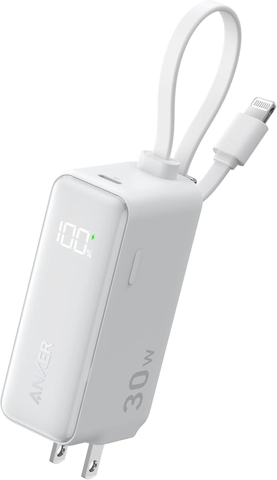 Anker 3-in-1 Power Bank, 5,000mAh Portable Charger with Built-in Lightning Cable and Foldable AC Plug, 30W Max Compact Battery Pack, for iPhone 14 Series, Galaxy, MacBook, and More