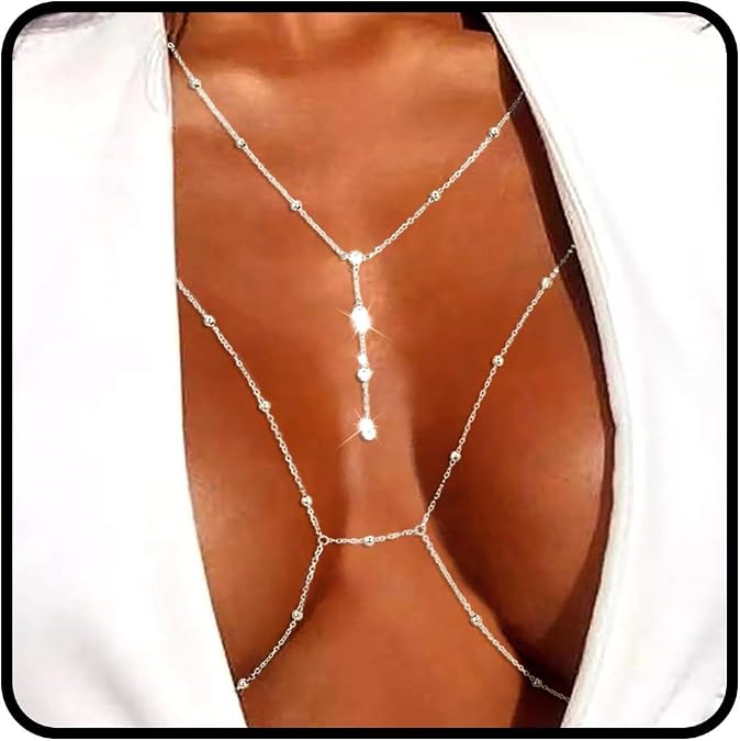Tgirls Layered Crystal Beads Bra Body Chain Sexy Chest Waist Body Jewelry for Women Bikini