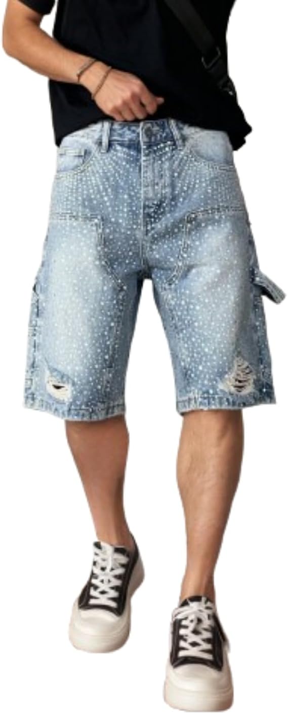 Rhinestone Jorts Y2k Denim Shorts Wide Legs Cropped Jeans Grunge Clothes Baggy Pants Streetwear Men Unisex