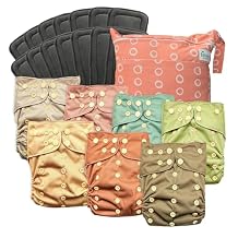 7-Pack Reusable Cloth Diapers with AWJ Interior Includes 14 Absorbent Inserts and 1 Wet Bag Adjustable, Waterproof, and Washable (Moss & Maple, Charcoal Inserts)