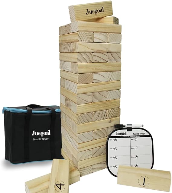 Juegoal 54 Piece Giant Tumble Tower, Wooden Block Game with Gameboard, Canvas Bag for Outdoor Yard Playing,7.1 x 7.2 x 25.2 Inches