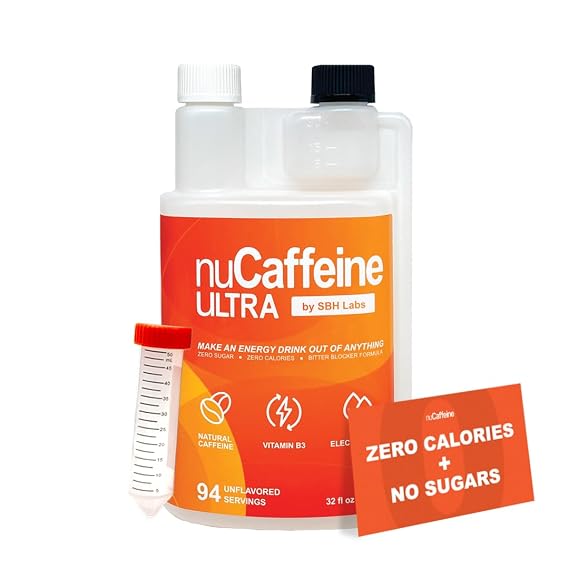 nuCaffeine Ultra | 94 Servings | Caffeine from Coffee Beans + Vitamin B3 + Electrolytes | Includes Handy to-go Tube | Transform Any Drink into an Energy Drink! | No Carbs, No Sugars, No Calories | Unflavored Concentrate, 80 mg per Dose, B3 and Electrolytes, Zero Sugar, Zero Carbs, Zero Calories, Non-GMO