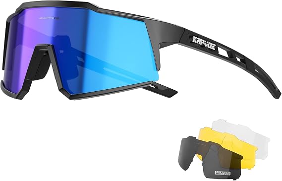 KAPVOE 4 Lens Cycling Sunglasses UV400 TR90 Men Women K9022 | 4 Lenses: Red PC Day, Black Polarized, Clear Night, Yellow Low Light; UV400, approx. 34g TR90
