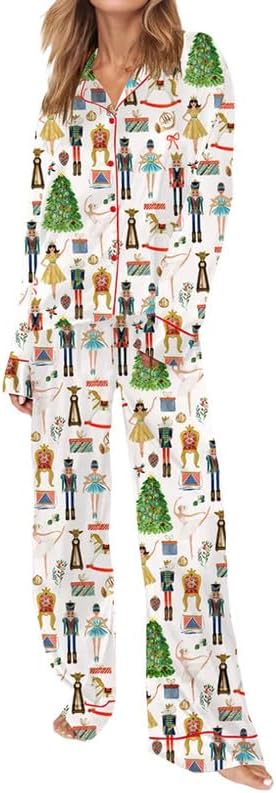 Womens Silk Satin Pajama Set Y2k Christmas Nutcracker Long Sleeve Shirt Tops and Wide Leg Pants Sleepwear Ivory,M