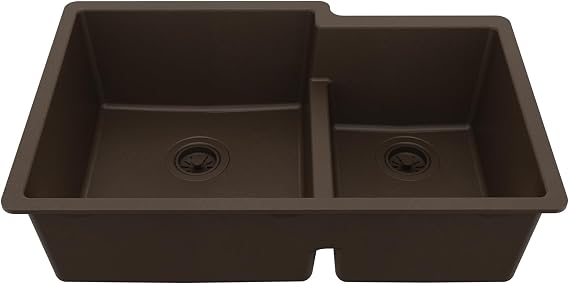 Karran QU-811 32" Undermount Large/Small 60/40 Quartz Composite Kitchen Sink in Brown, Low Divider, Rear Drain, 80% Natural Quartz, 535F Heat Resistant, Sound Dampening
