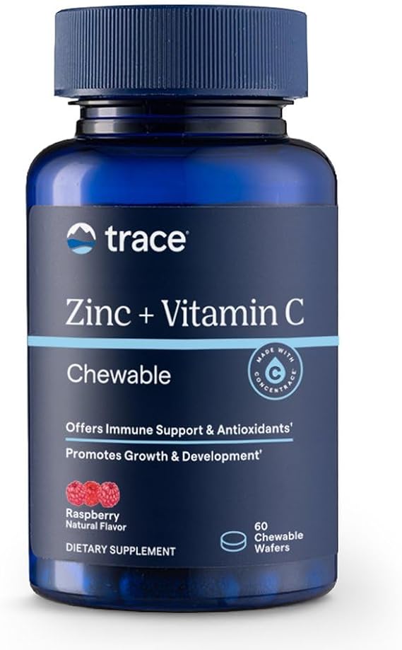 Trace Minerals Zinc + Vitamin C Chewable Supplement, 60 CT, Immune Support | Full spectrum of ionic minerals, Enzyme function and antioxidant activity, Raspberry flavor, 1 wafer daily