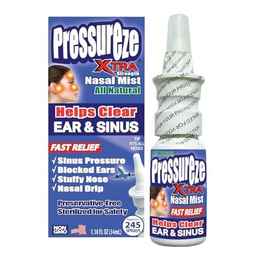 Pressureze Xtra - Natural- Preservative Free - Sterile Nasal Spray - for Severe Sinus Congestion Relief - Opens Blocked Ear Canals, Snoring - 245 Sprays, 34 ml Pack of 1