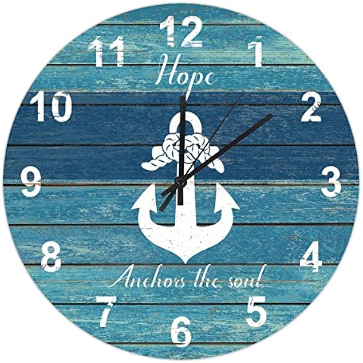 Retro Anchor Pattern Wall Clock 16in Coastal Nautical Theme Wood Wall Clock Silent Non Ticking Quartz Battery Operated Clock Arabic Numerals Large Numbers Clock for Table Master Room Classroom Pub