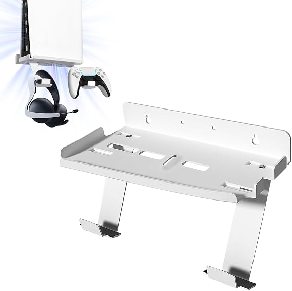 PS5 Pro&Slim Vertical Stand Wall Mount Kit, Thick Metal with Powder Coating, Includes Controller & Headset Hanger Brackets Holder, Mount Your Playstation 5 Pro Slim Console Next to TV,White