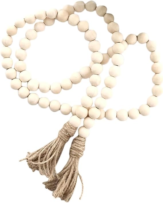 IMIKEYA Wood Bead Garland with Tassels 57In Natural Rustic Farmhouse Decor for Home Centerpieces Tiered Trays and Wall Hanging Accents