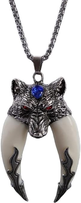 Wolf Tooth Pendant Necklace for Men - Norse Viking Head With 27.6" Chain, Indian Teeth Tribe Amulet, Punk Animal Jewelry