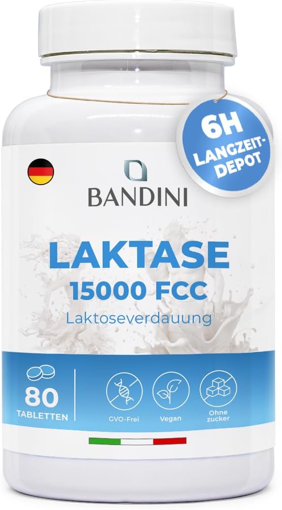 Bandini Lactase DEPOT 15000 FCC 80 Tablets with Immediate Effect and Long-Term Storage for 6 Hours For Lactose Intolerance Digestive Enzymes for Dairy Products 1 Tablet/Day for 80 Days Supply