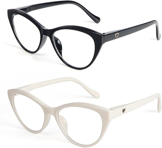 Cat Eye Reading Glasses for Women 2 Pairs Readers Spring Hinge With Cute Heart Frame