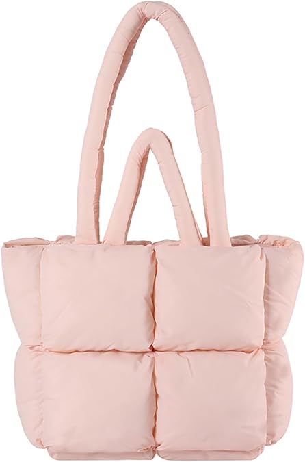 Puffy Tote Bag, Lightweight Down Cotton Padded Quilted Purse Puffer Tote Bag Shoulder Handbags for Women (Pink)