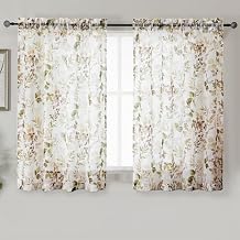 OWENIE Crushed Kitchen Window Curtains 45 Inches Length 2 Panels, Elegant Farmhouse Printing Short Semi Sheer Curtains for Cafe Bedroom Small Window, Light Filtering Rod Pocket Curtain, 42Wx45L