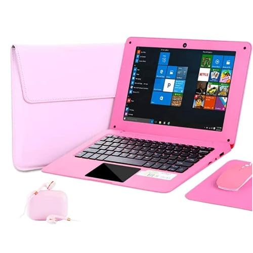 Windows 10 Laptop 10.1 Inch Quad Core Notebook Slim and Lightweight Mini Netbook Computer with Netflix YouTube Bluetooth WiFi Webcam HDMI , and Laptop Bag,Mouse, Mouse Pad, Headphone Pink