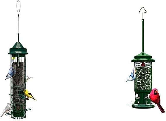 Squirrel Buster Classic Squirrel-proof Bird Feeder w/4 Feeding Ports, 2.4-pound Seed Capacity & Standard Squirrel-proof Bird Feeder w/4 Metal Perches, 1.3-pound Seed Capacity, garden green