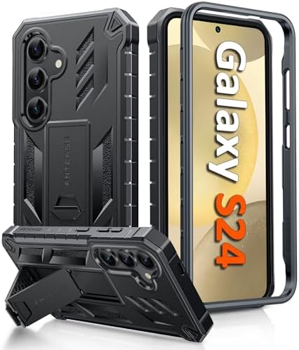 FNTCASE for Samsung Galaxy S24 Case: Military Grade Protective Cases with Kickstand | Rugged Drop Proof Shockproof Protection | Dual Layer Matte Textured TPU Phone Cover - 6.2 inches Black