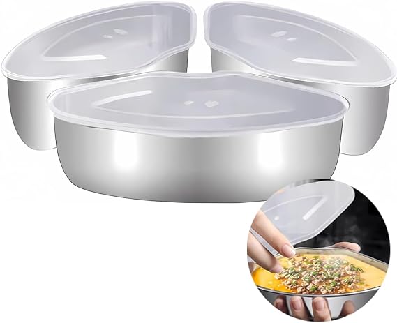 Ouliget Stainless Steel Triangular Food Steamer Box,Tray Dishes Box Tray Set With Plastic Cover,Mini Steamer Cookers Insert Pot Food Holder,3Pieces