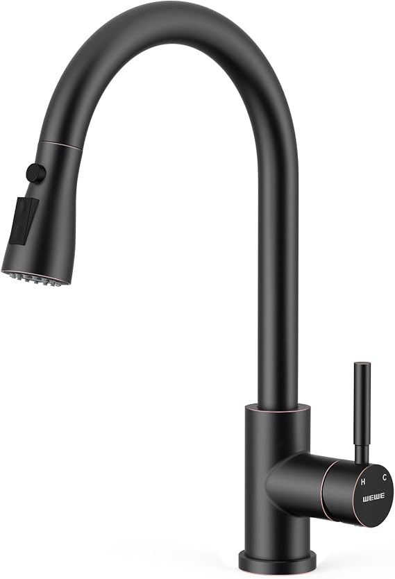 WEWE Pull-Down Kitchen Faucet, 3-Mode Sprayer, Oil Rubbed Bronze, High Arc