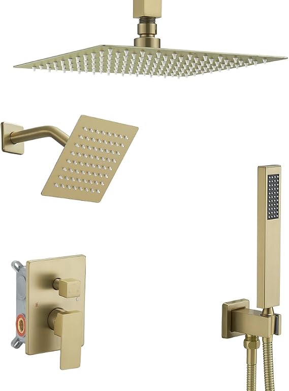 Shower Faucet Set Brushed Gold Shower System with Handheld, Ceiling Mount 10 Inch Shower Head with 6 Inch Wall Mount Shower Head